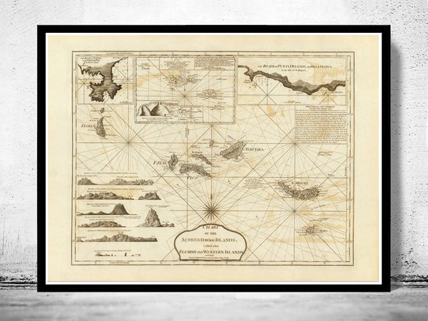 Old Map of Açores Azores Islands 1787,  Portuguese map  | Vintage Poster Wall Art Print |