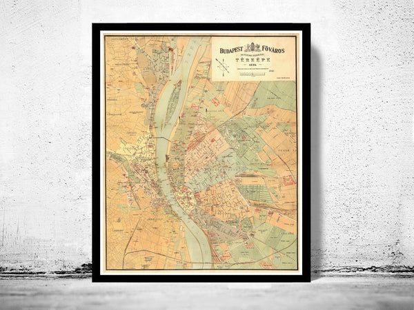 Old Map of Budapest Hungary 1884  | Vintage Poster Wall Art Print |