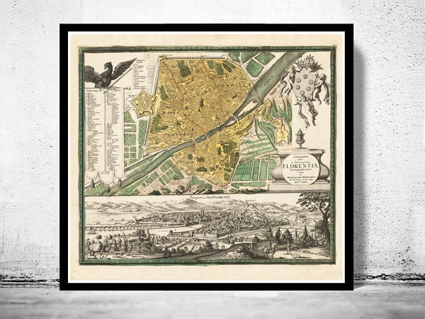 Old Map of Florence Firenze 1731 Antique Vintage Italy  | Vintage Poster Wall Art Print |