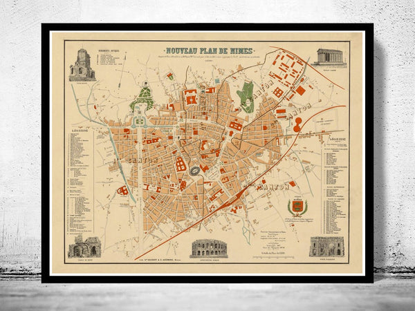 Old Map of Nimes  France 1896  | Vintage Poster Wall Art Print |