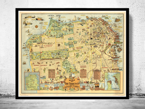 Old Map of San Francisco 1927 Pictorial Map  | Vintage Poster Wall Art Print |