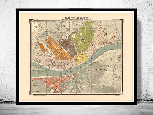 Old Map of Budapest Hungary 1882  | Vintage Poster Wall Art Print |