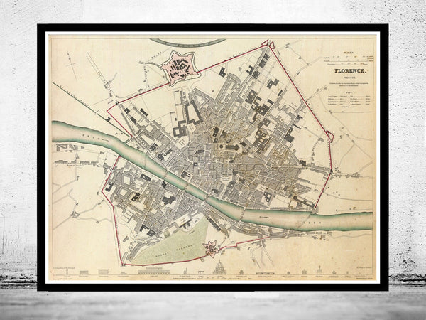 Old Map of Florence Firenze 1835 Vintage Map  | Vintage Poster Wall Art Print |