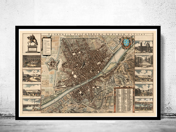 Old Map of Florence Firenze 1685 Antique Vintage Italy  | Vintage Poster Wall Art Print |