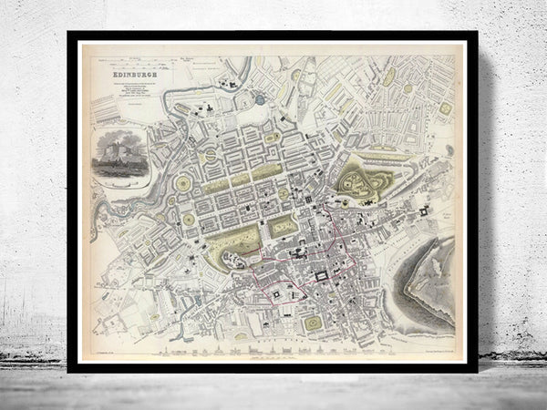 Old Map of Edinburgh Edinbourg with gravures, Scotland 1834 Vintage  | Vintage Poster Wall Art Print |