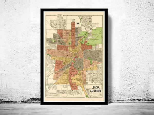 Old map of San Antonio Texas 1924  | Vintage Poster Wall Art Print |