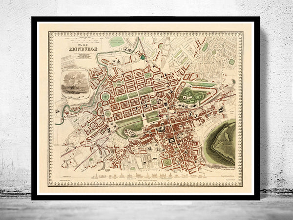 Old Map of Edinburgh 1853 Edinbourg with gravures, Scotland  | Vintage Poster Wall Art Print |