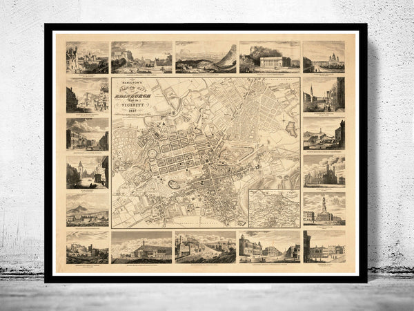 Old Map of Edinburgh 1827 Edinbourg with gravures, Scotland  | Vintage Poster Wall Art Print |