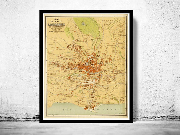 Old Map of Lausanne , Switzerland Suisse 1850  | Vintage Poster Wall Art Print |