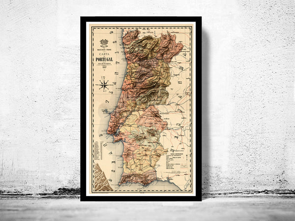 Old Map of Portugal 1917, Mapa de Portugal, Portuguese map  | Vintage Poster Wall Art Print |