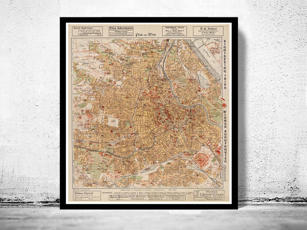 Old Map of Vienna Wien  Austria 1928  | Vintage Poster Wall Art Print |