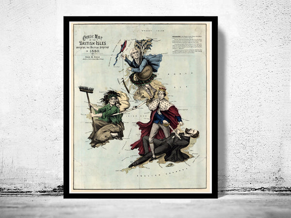 Old Map of United Kingdom, Ireland, Scotland, England 1880 UK, British Isles Comic Map  | Vintage Poster Wall Art Print |