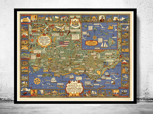 Old Map of Honolulu hawaiian Islands  1927  | Vintage Poster Wall Art Print |