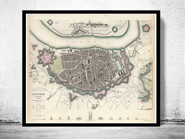 Old Map of Antwerp, Belgium 1832 Antique Vintage Flanders  | Vintage Poster Wall Art Print |