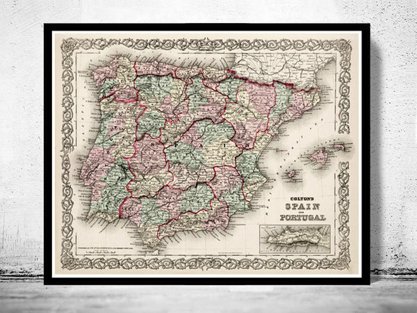 Old Map of Spain and Portugal, 1886, Europe Antique Gibraltar  | Vintage Poster Wall Art Print |