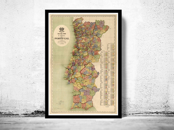 Old Map of Portugal 1912, Mapa de Portugal, Portuguese map  | Vintage Poster Wall Art Print |