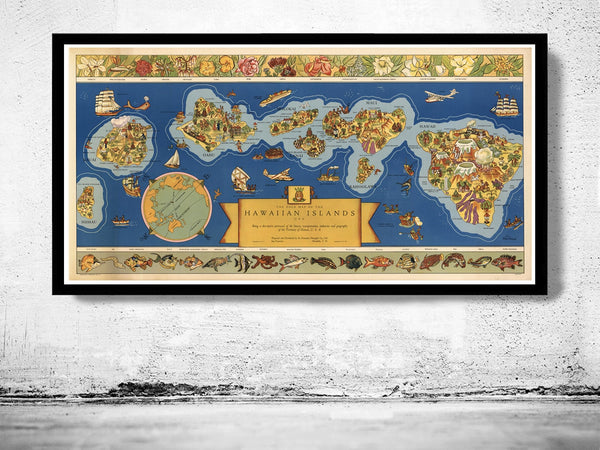 Old Map of Hawaiian Islands Hawaii Vintage Map  | Vintage Poster Wall Art Print |