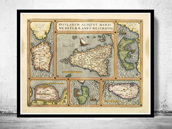 Old Map of Sicily Sicilia Elba Malta 1570  | Vintage Poster Wall Art Print |