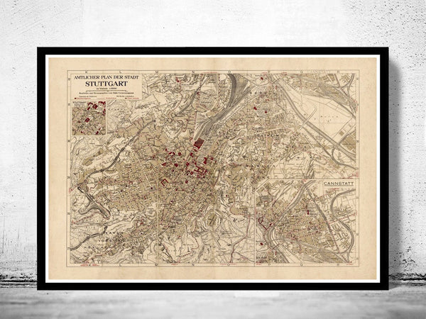 Old Map of Stuttgart, Germany 1925 Vintage map  | Vintage Poster Wall Art Print |