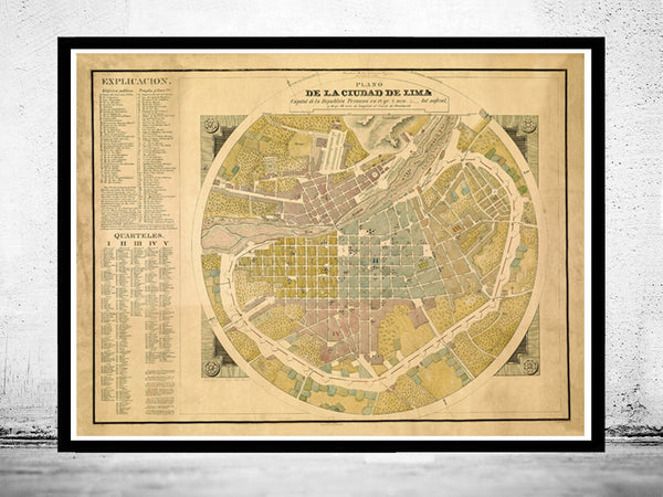 Old map of Lima Peru 1830  | Vintage Poster Wall Art Print |