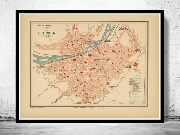 Old map of Lima Peru 1896  | Vintage Poster Wall Art Print |