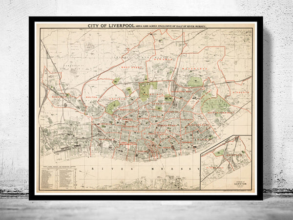 Old Map of Liverpool with gravures, england 1900 Vintage  | Vintage Poster Wall Art Print |