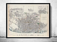 Old Map of Liverpool with gravures, england 1836 Vintage  | Vintage Poster Wall Art Print |