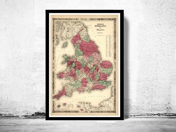 Old Map of England and Wales 1865 UK  | Vintage Poster Wall Art Print |