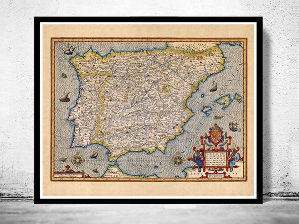 Old Map of Spain España mapa , 1613 Antique map  | Vintage Poster Wall Art Print |