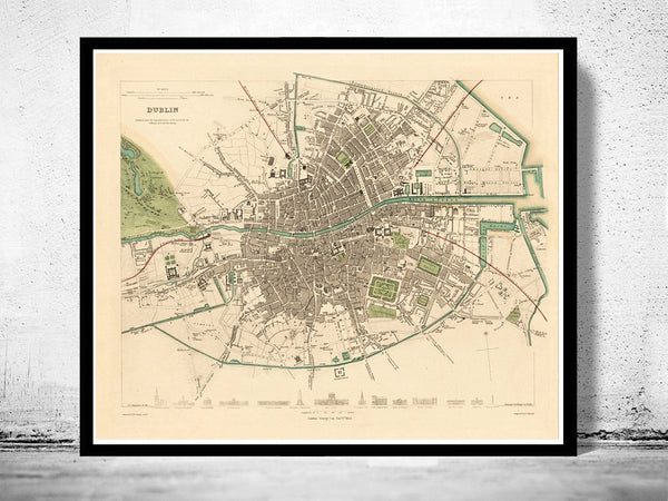 Vintage Map of Dublin, Ireland 1853 Antique Vintage  | Vintage Poster Wall Art Print |