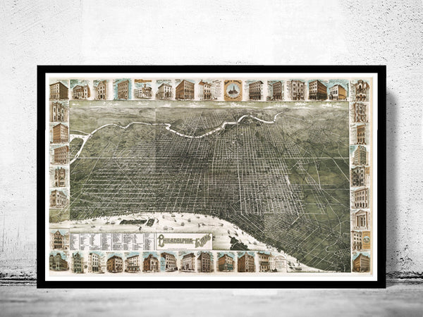 Old Map of Philadelphia 1886 Panoramic View | Vintage Poster Wall Art Print |