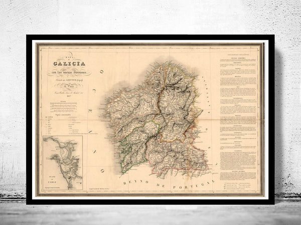 Old Map of Galicia Galiza Espana 1837 Spain  | Vintage Poster Wall Art Print |