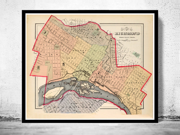 Old Map of Richmond Virginia 1884 Vintage Map | Vintage Poster Wall Art Print |