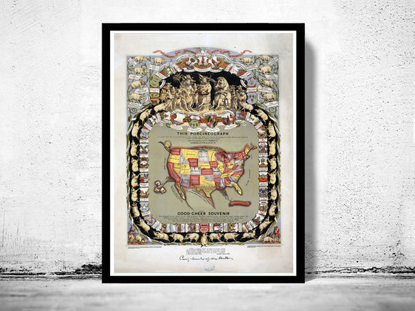 Old Map of United States America 1876 Porciform Vintage pigs  | Vintage Poster Wall Art Print |