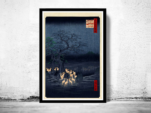 Japanese Art, Hiroshige New Year´s Eve foxfires at the changing tree, Oji, 1857  | Vintage Poster Wall Art Print |