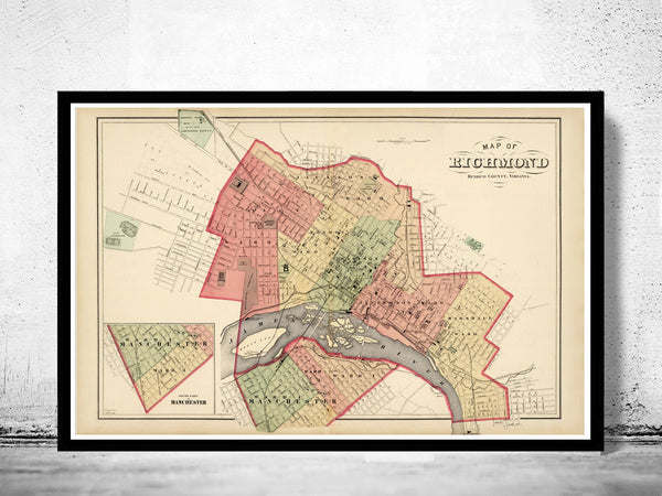 Old Map of Richmond Virginia 1878 Vintage Map  | Vintage Poster Wall Art Print |