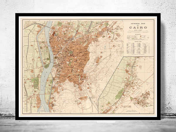 Old Map of Cairo Egypt 1920  | Vintage Poster Wall Art Print |