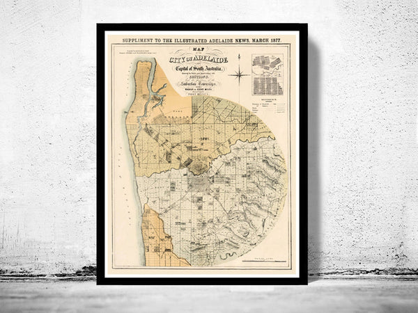 Vintage Map of Adelaide City , Australia Oceania 1877  | Vintage Poster Wall Art Print |