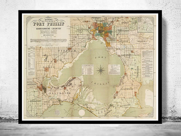 Vintage map of Port Phillip and Melbourne bay, Australia 1886  | Vintage Poster Wall Art Print |