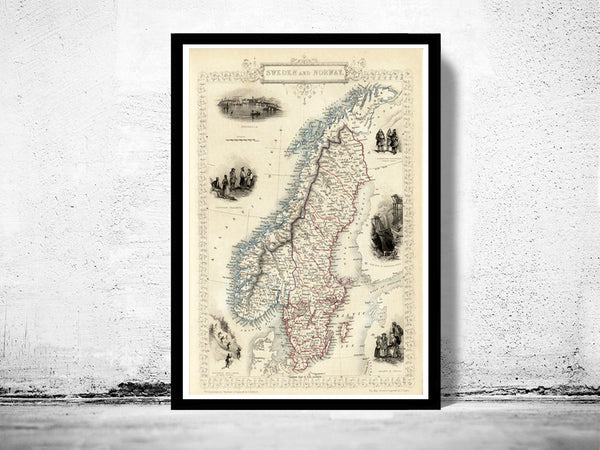 Old Map of Norway and Sweden 1851 Scandinavia Antique Baltic Sea  | Vintage Poster Wall Art Print |