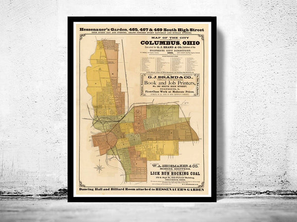 Old Map of Columbus Ohio, 1881  | Vintage Poster Wall Art Print |