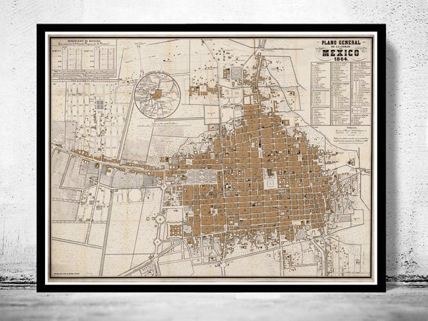 Old Map of Mexico City,  Mexico 1864  | Vintage Poster Wall Art Print |