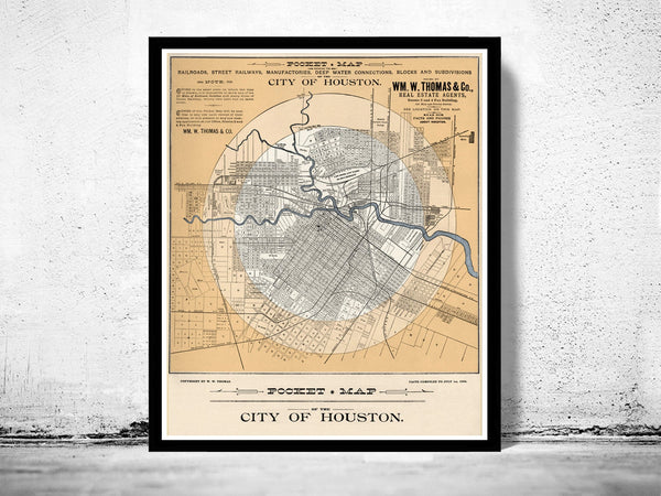 Old map of Houston Texas 1890 Vintage Map  | Vintage Poster Wall Art Print |