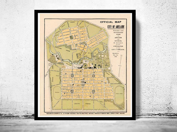 Vintage Map of Adelaide City , Australia Oceania 1906  | Vintage Poster Wall Art Print |