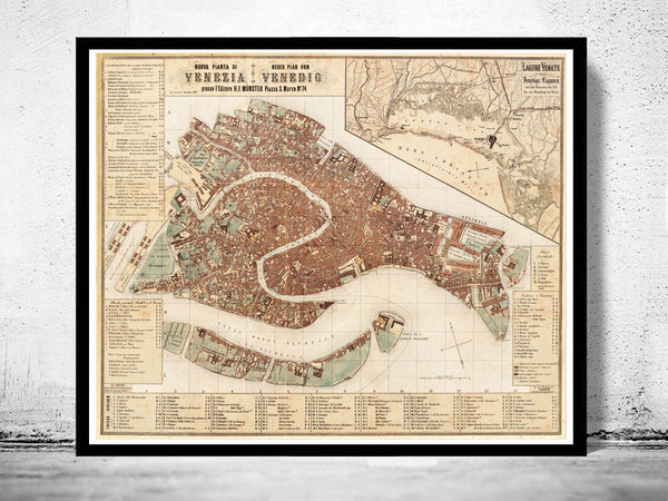 Old Map of Venice 1876 Venetia Venezia Vintage Map of Venice | Vintage Poster Wall Art Print |