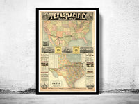 Old Map Texas Pacific Railway 1876 United States of America  | Vintage Poster Wall Art Print |