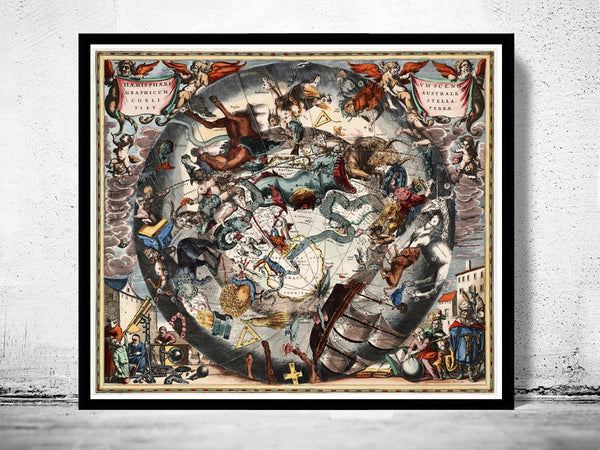 Old Celestial Chart Harmonia Macrocosmica 1661 Vintage Astrologycal map  | Vintage Poster Wall Art Print |