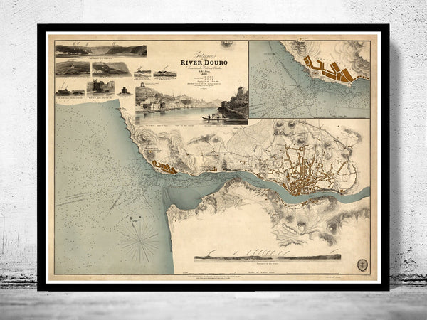 Old Map of Porto Portugal with gravures 1833 Oporto Douro River Map | Vintage Poster Wall Art Print |