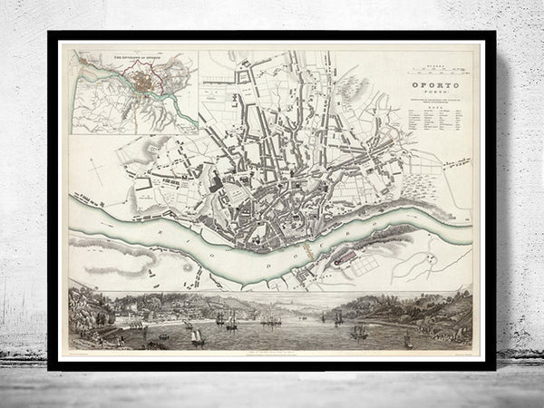 Old Map of Porto Portugal 1833 Oporto Vintage Douro River  | Vintage Poster Wall Art Print |