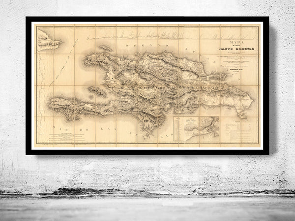 Old Map Dominican Republic and Haiti of Hispaniola Island, 1858  | Vintage Poster Wall Art Print |